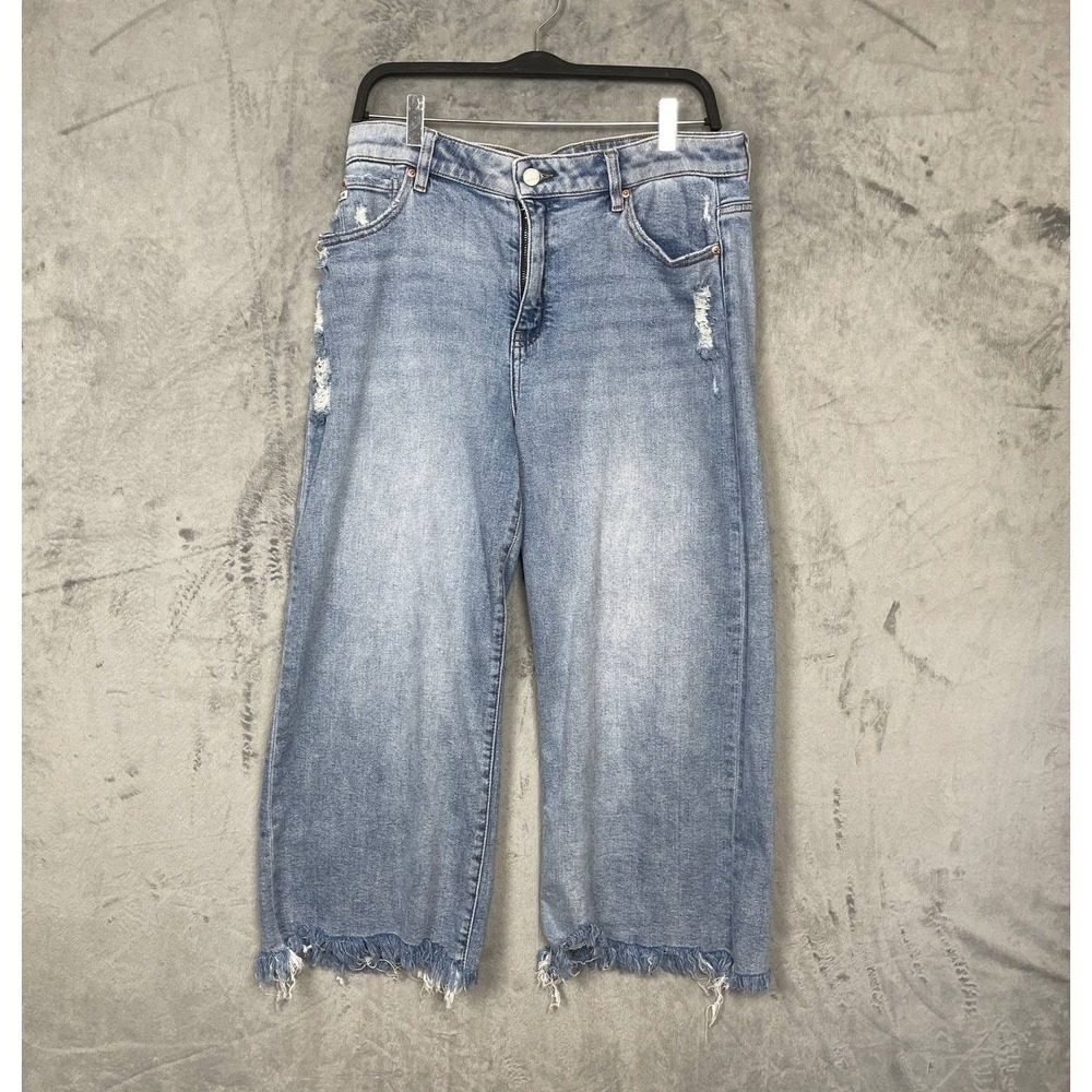 90s Wide Leg Cropped Denim Jeans Size 14 Blue Distressed Raw Hem Grunge Festival